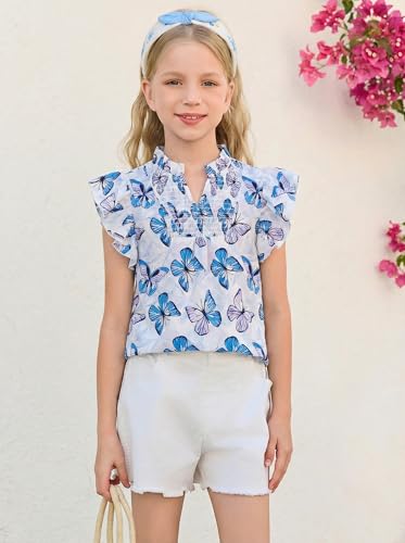 Image of Haloumoning Girls Ruffle Short Sleeve Floral Chiffon Blouses Kids Summer Shirts Tops 5-14 Years