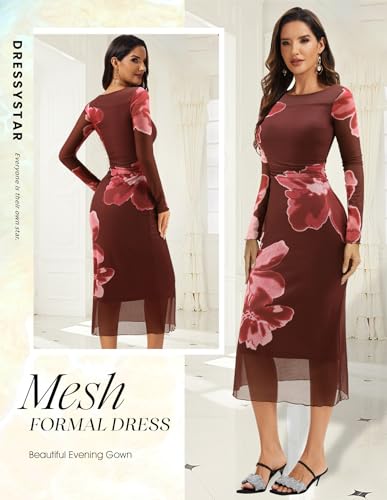 Dressystar Women’s Floral Print Bodycon Maxi Dress 2025 Summer Fall Ruched Long Sleeves Mesh Formal Wedding Guest Dresses3