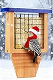 Gbekery Wooden Suet Bird Feeder for Outside Hanging, Woodpecker Suet Feeder with Tail Prop, Hanging Bird Feeder for Wild Birds, 1 Pack, Blue
