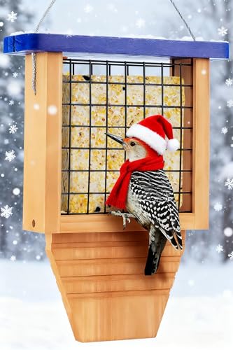 Gbekery Wooden Suet Bird Feeder for Outside Hanging, Woodpecker Suet Feeder with Tail Prop, Hanging Bird Feeder for Wild Birds, 1 Pack, Blue