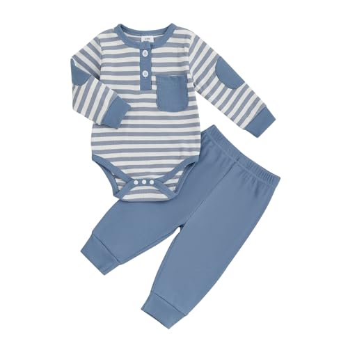 Image of fhutpw Baby Boy Clothes 3 6 12 18 Months Ribbed Knitted Long Sleeve Romper and Pants Sets Newborn Fall Splicing Color Outfits