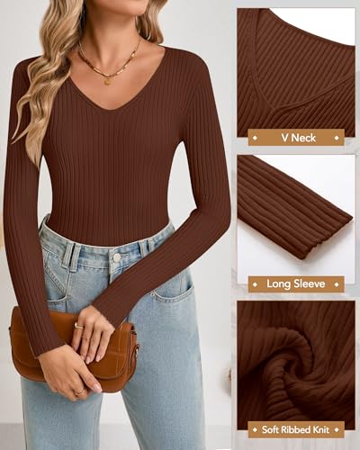 Image of Riyiper 2 Pack Women's Long Sleeve Ribbed Sweaters, V Neck Pullover Tops Slim Fit Casual T-Shirts Tight Basic Knit Tee