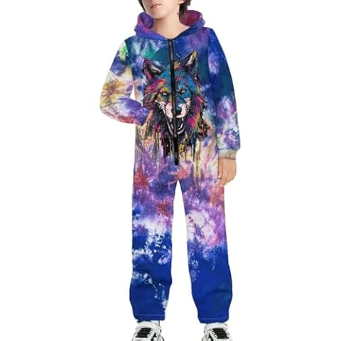 TENMET Wolf Tie Dye Kids Boys Girls Novelty Pattern Long Sleeve Zipper Hoodied Rompers Jumpsuits Clothing Set,L Cover