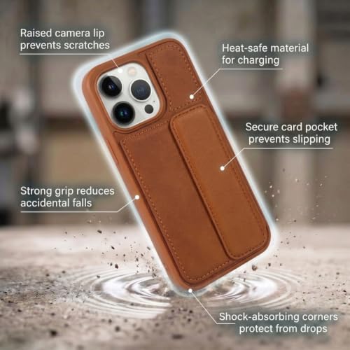 Image of amazon basics Luxury Vegan Leather Back Cover for iPhone 14 Pro | Built-in Card Holder Slot | Integrated Mobile Stand | Slim Shockproof Protective Case with Stitched Finish - Tan