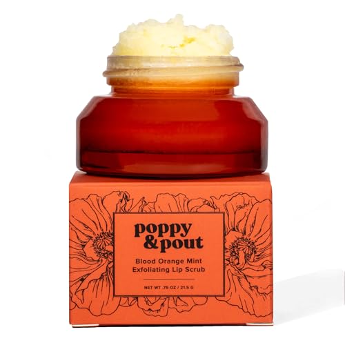 Poppy & Pout Natural Lip Scrub, Moisturizing Sugar Scrub for Dry Lips, Lip Scrubber Exfoliator with Essential Oils Smooths and Hydrates Lips, In Recyclable Glass Jars, Cruelty Free - Blood Orange Mint