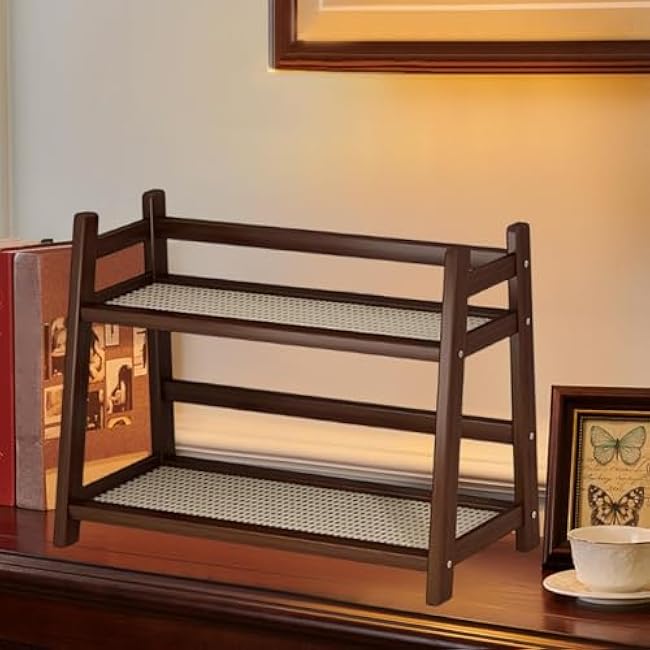 Bamboo Double Layer Rack,Kitchen Organizer,Mug Holder,Practical Simple Seasoning Rack Desk Storage Shelf for Kitchen Office, Brown, M