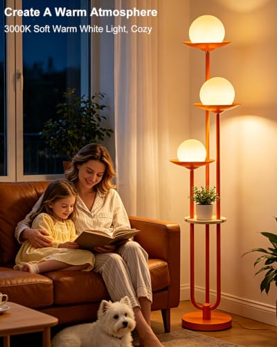 Image of Lightdot Globe Orange Floor Lamp with Shelf 3-Lights Modern Dimmable Floor Lamps for Wedding /Party, 3000K Warm White Bulbs Included, Tall Standing Lamp for Living Room /Bedroom /Sofa Beside /Corner Decor