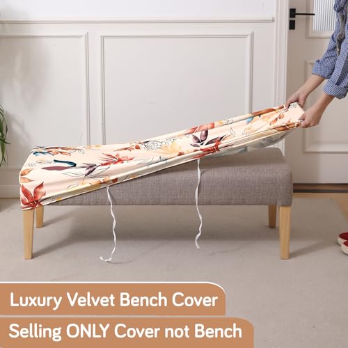 Image of HOKIPO Premium Printed Velvet Elastic Dining Bench Cover, Amber Serene Flora (AR-5798-D3)