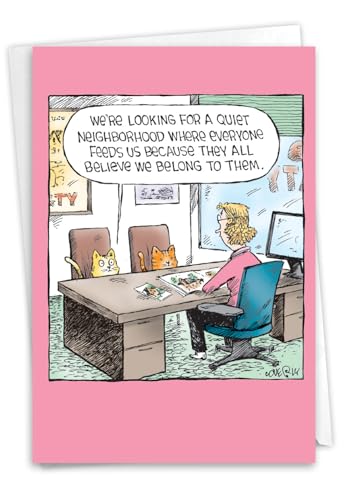 NobleWorks Funny New Home Greeting Card with 5 x 7 Inch Envelope (1 Card) Housewarming Cat Neighborhood C10651NHG