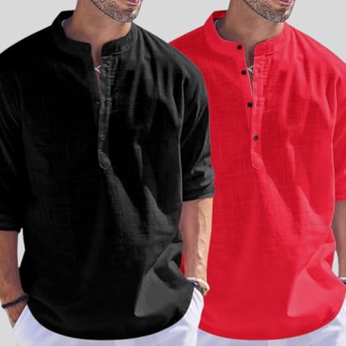 Image of Bellstone Men's Cotton Blend Straight Kurta Shirt Combo with Mandarin Collar - Slim Fit Casual Short Kurti Set Featuring Textured Slub Fabric and Roll-Up Full Sleeves