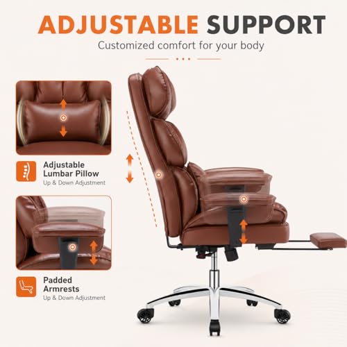Image of Big and Tall Ergonomic Office Chair with Footrest, Executive High Back PU Leather Desk Chair, Reclining Computer Chair with Adjustable Lumbar Support and Armrests, Swivel Rolling Gaming Chair, Brown