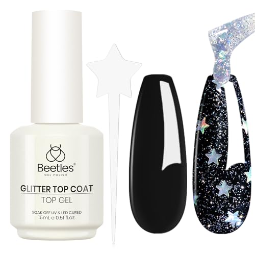 Beetles Glitter Top Coat for Gel Nail Polish 15ml - Reflective Silver Star Glitter Shiny No Wipe Uv Gel Top Coat Nail Art Star Sparkle Manicure DIY Home Salon