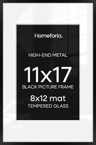 Image of Homeforia 11 x 17 Picture Frame Black, High End Metal 11x17 Poster Frames with Mat 8x12 for Photo, 11 x 17 Black Frame Matted to 8 x 12 inch Print, 17x11 Thin Frame, Tempered Glass, Wall Kit, Set of 4