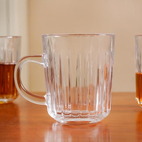 Image of Nestasia Set of 6 Transparent Glass Tea Cups (230ml Each) - Ribbed Durable & Chip-Resistant Coffee Mugs | Perfect for Coffee, Tea, Hot & Cold Beverages