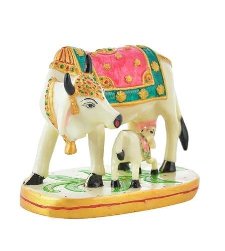 Image of Polyresin Cow and Calf Statue Showpiece Murti for Home Office Decorative Gau MATA Sculpture Idol (Size: 7x4 Inch, White), Wedding