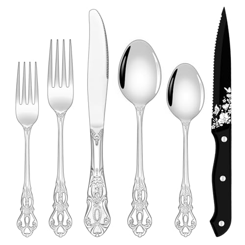 24 Pieces Silverware Set for 4, Retro Royal Flatware Set with Stainless Steel Forks Spoons Knives, Mirror Polished Vintage Tableware Cutlery Set for Kitchen/Hotel/Party Utensils Set, Dishwasher Safe
