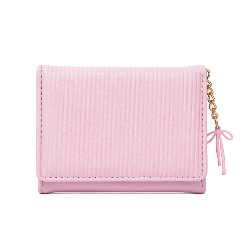 Elegant Tri-Fold Wallet for Women – Compact Pink Card Holder & Coin Purse with Charm, Chic Pink Ribbed Wallet with Bow Charm – Small Tri-Fold Card Holder & Coin Pouch Gift for Her