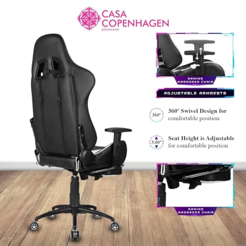 Image of Casa Copenhagen Racing,High-Back Italian Leather Gaming Ergonomic Chair with Advanced Mechanism & Electric Back Massage, Memory Foam Seating & Multi Function Arm-Rest - Sun White /Black