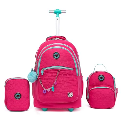 Kit Mochila de Rodinhas Escolar Lancheira Térmica Estojo Resistente (Rosa)
