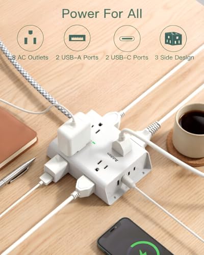 Addtam Protector contra Sobretensiones Regleta de Energía, 8 Tomas con 4 Puertos USB (2 USB C), Cable de Extensión de 15 pies con Múltiples Tomas, Extensor de Salida de 3 Lados, Enchufe Plano, Montaje en Pared, ETL, Blanco miniatura 2