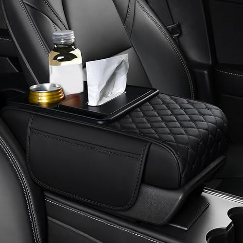 Car Center Console Cover for Volkswagen Golf R 2019 2020 2021 2022 2023 2024 2025 – 5-in-1 Leather Armrest Cushion Pad with 2 Storage Bags, Holds Cups, Phone, Tissues, Car Interior Accessory