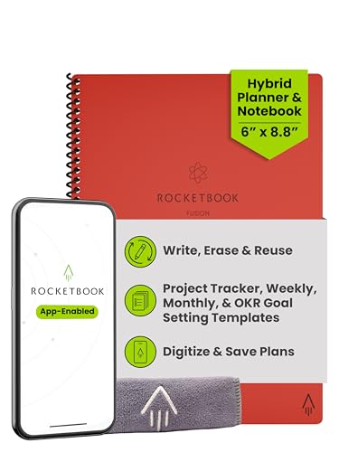 Rocketbook Fusion Reusable Undated Productivity Planner, Executive Size 6x8.8, Red - Goals, Monthly and Weekly Calendar, Daily To-do List, Lined and Dotted Notes Pages