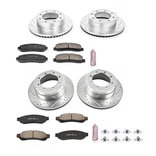 Image of PowerStop Front and Rear Brake Kit for Ford F-350 Super Duty 2005-10 - Drilled and Slotted Disc Rotors with Carbon-Fiber Ceramic Brake Pads Replacement, K4033