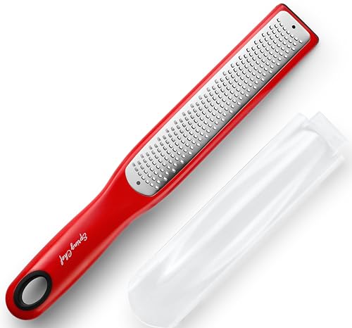 Spring Chef Premium Red Lemon Zester Grater with Handle - Fruit, Garlic, Ginger, Nutmeg, Orange Zester Tool - Heavy Duty Kitchen Shredder - Stainless Steel Citrus Zester with Blade Cover - Fine Shred Spring Chef Premium Red Lemon Zester Grater with Handle - Fruit, Garlic, Ginger, Nutmeg, Orange Zester Tool - Heavy Duty Kitchen Shredder - Stainless Steel Citrus Zester with Blade Cover - Fine Shred