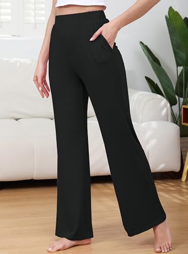 Image of Veseacky Womens Wide Leg Yoga Pants High Waisted Comfy Casual Loose Pants Lightweight Loose Casual Pajama Pants with Pockets(Black,L)