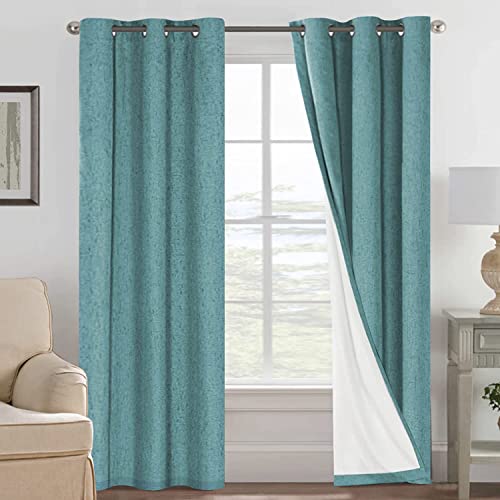 Image of H.VERSAILTEX Primitive Linen Curtains 100% Blackout Curtain Drapes Burlap Fabric Curtains with White Thermal Insulated Liner, Grommet Top Drapes Living Room /Bedroom (2 Panels, 42 x 84 Inch, Teal)