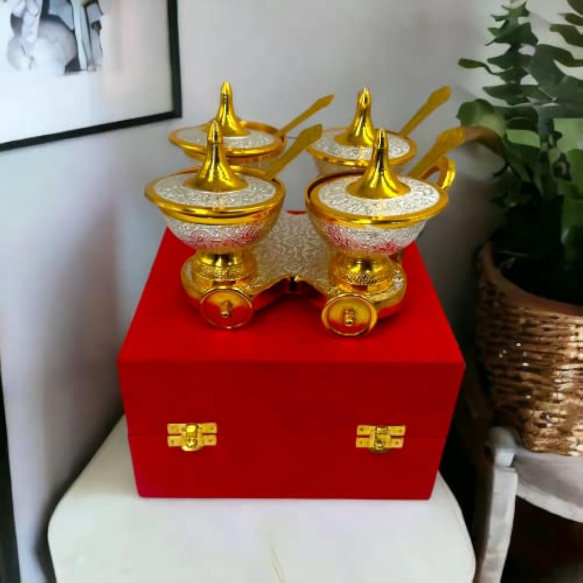 German Silver Gift Items for Marriage, Silver-Gold Plated Trolley Set