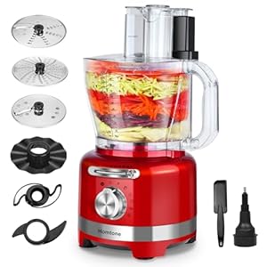 Homtone 16 Cup Food Processor, Large Food Processors, 6 Preset Modes Vegetable Chopper Electric, 6 Blades 8 Functions for Home Use, Stepless Speed Control, 650W, Red
