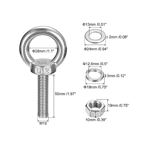 Image of uxcell Lifting Eye Bolt, 1 Set M12x50mm Eye Bolt with Nut Washer 304 Stainless Steel Shoulder Lifting Ring Eye Bolt for Hanging Item