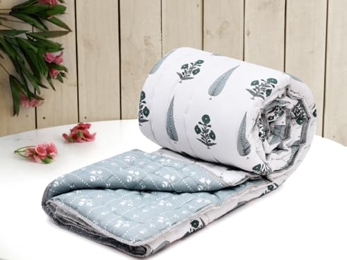 Image of RRC Jaipuri Beautiful Floral Print in White and Red Jaipuri Rajai /Razai /Quilt Double /King Bed Quilt /Comforter /Ac Quilt /Ac Comforter, Cotton, Lightweight Pack of 1, 200 GSM