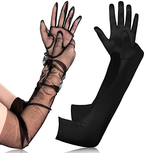 Lange Handschuhe Set Satin Ellbogen Handschuhe und Tüll Halbtransparente Handschuhe Damen Abend Handschuhe Oper Handschuhe Braut Handschuhe zum Braut Hochzeit Frauen Fasching Kostüm