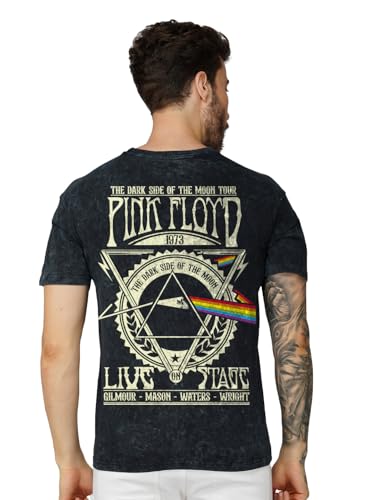 Image of crazymonk Men's Cotton Printed Pink Floyd Acid Wash Oversized Black T-Shirt