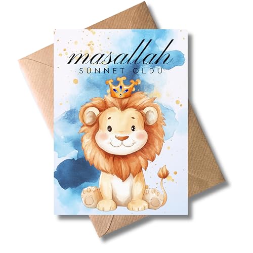WBdesignz Beschneidung Karte mit Umschlag - Beschneidungsglückwunsch Mashallah sünnet oldu Krone Löwe Junge Wasserfarben Beschneidungsfeier Kinderbeschneidung (DIN A6)