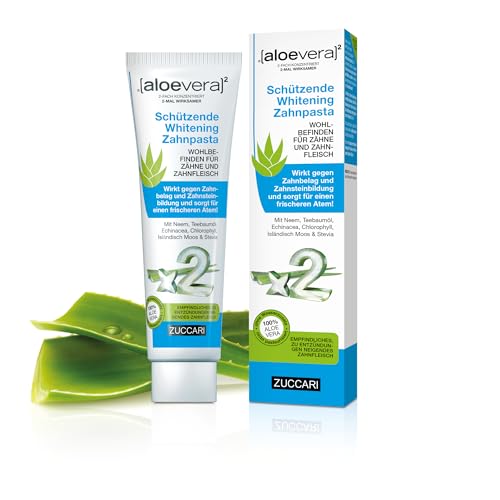 ZUCCARI aloevera² – Pasta de dientes de aloe vera con efecto blanqueador (100 ml) – Pasta dental vegana y sin flúor para encías sensibles, 100% jugo de aloe vera con aceite de neem, musgo islandés y