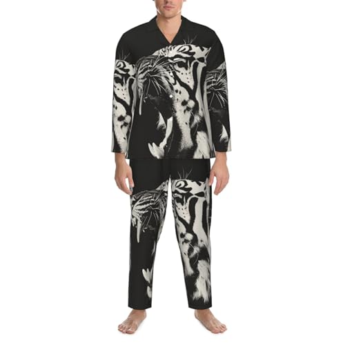 Growling Tiger Opening Mouth Mens Pajamas Set Button Down Sleepwear Set Long Sleeve Loungewear With Pockets