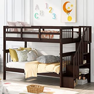 Harper & Bright Designs Stairway Bunk Beds Twin Over Twin, Wood Bunk Bed with Storage and Guard Rail, Modern Detachable Bed Frame for Kids and Teens