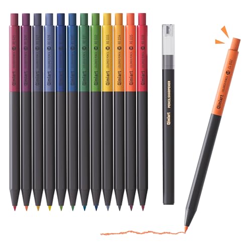 Qimiart 3.0mm Mechanical Colored Pencils Set, 12 Assorted Colors, Soft Core Oil-Based Pencils with Click-to-Advance Lead & Sharpener, Art Supplies for Coloring, Sketching, Drawing (Vintage Color)