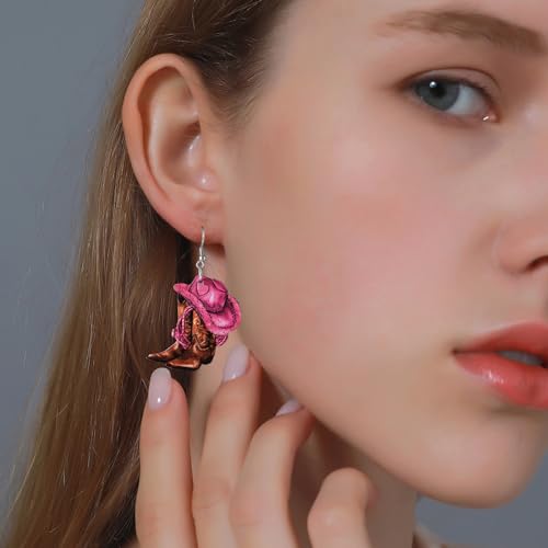 Pink Cowboy Cowgirl Hat Boots Earrings for Women Double-sided Wood Dangle Western Earrings Jewelry Accessories for Cosplay Costume Halloween Party Decorations2