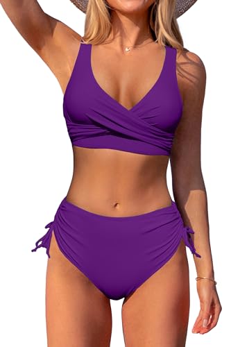 Beachsissi Damen Cross Back Badeanzüge Leopard Twist Front Bademode Kordelzug Side Bikini Sets, Lila, M