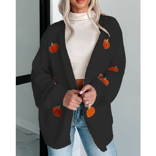 Women's Halloween Pumpkin Embroidery Open Front Cardigan Sweaters V Neck Casual Button Down Knit Coats2