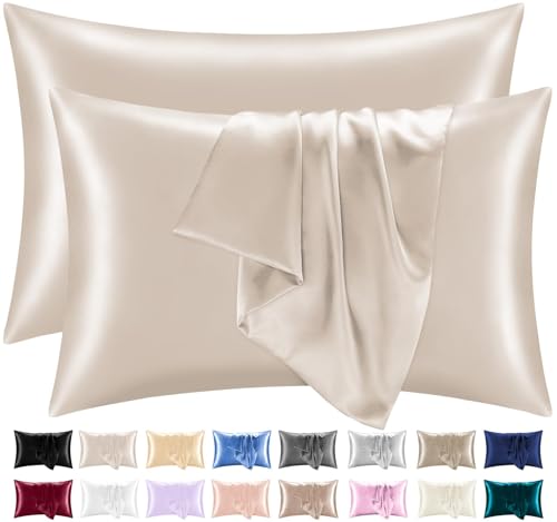 lazzaro home feel the difference Satin Pillow Cases 2 Pack - Beige Pillowcase for Hair and Skin Standard Size with Envelope Closure, 50 x 75 cm