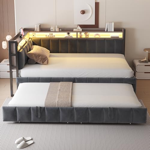 Crlnaup Cama tapizada Sofá cama 90 x 200 cm con cama nido, iluminación LED y estantes en la cabecera y los pies, equipado con conexiones USB y tipo C. Sofá cama individual, tela de terciopelo gris