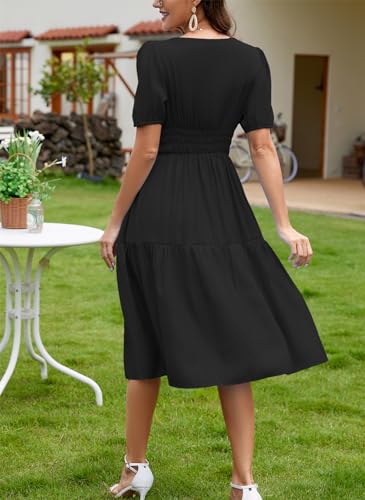 Image of Kormei Women Summer Casual Boho Floral Round Neck Short Sleeve Smocked Waist Tiered Flowy Swing Midi Dress
