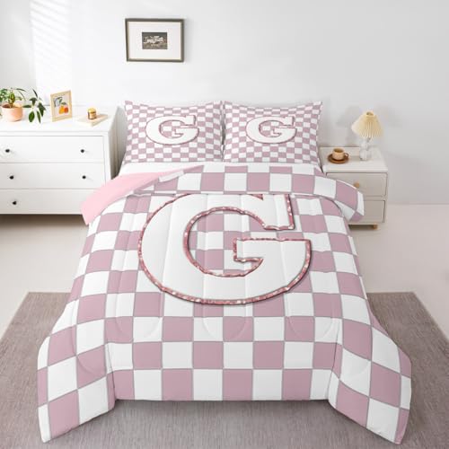 Image of Erosebridal Pink Initial G Kids Comforter Sets Kawaii Plaid Checkered King Bedding Set for Girls Teen Women Cute Personalized Monogram Comforter Set,Fashion Grids Gingham Quilt Duvet 3 Pcs