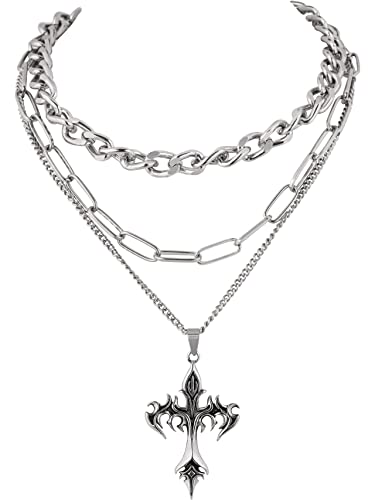 Sacina Gothic Layered Cross Pendant Necklace, Goth Emo Grunge Necklace, Goth Jewelry, Halloween Christmas Jewelry Gift For Women