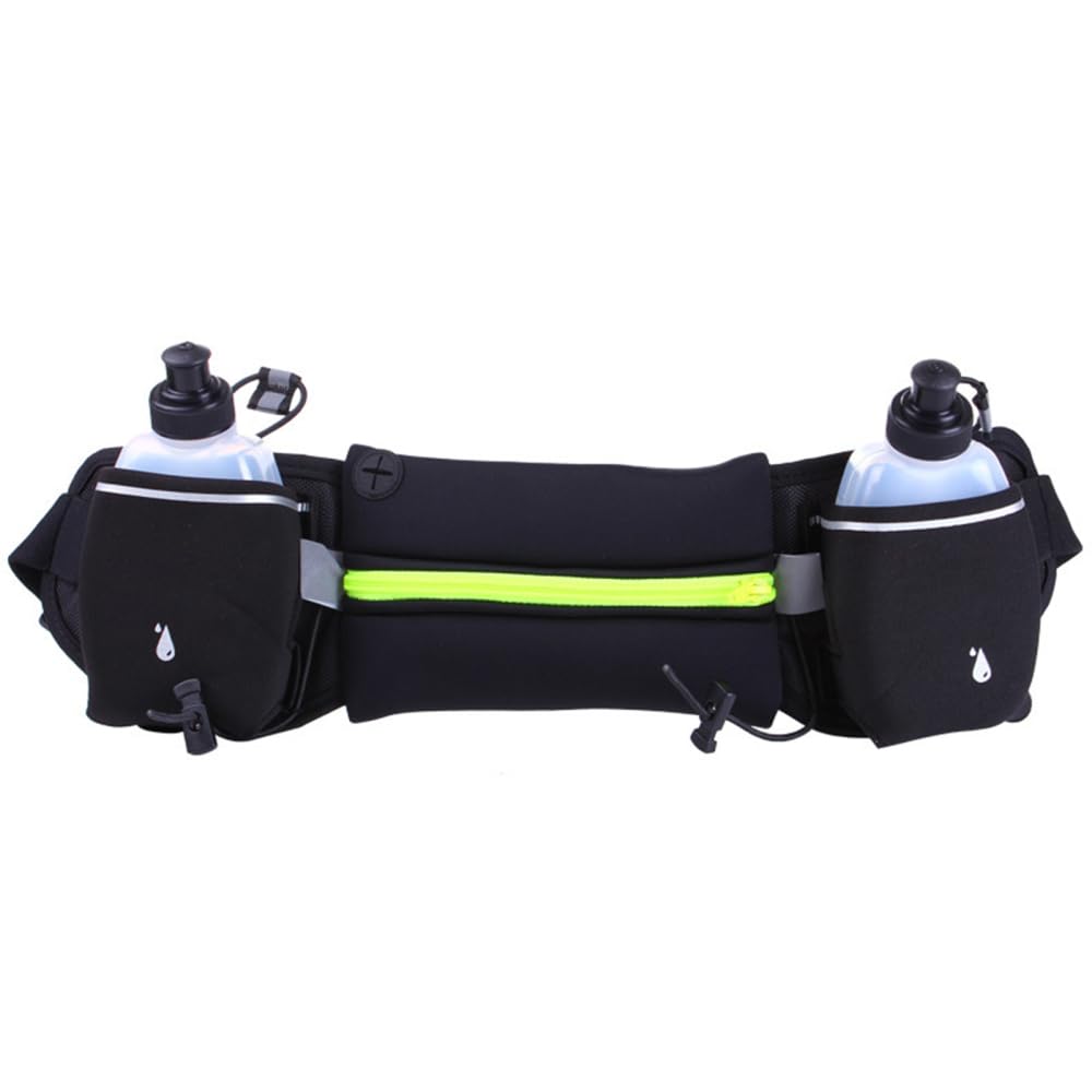 Riñonera para correr, impermeable, con 2 soportes para botella de agua, correa ajustable y diseño de agujero para auriculares para senderismo, correr, caminar, trotar, acampar, Green